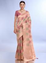 Cotton Peach Daily Wear Weaving Saree